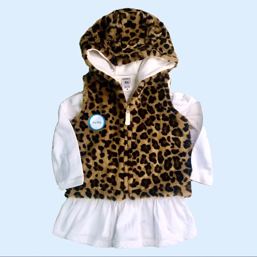 Carter’s Leopard Fur Hooded Zippered Vest & Long Sleeve Tee Dress Size 9 -12 mo.